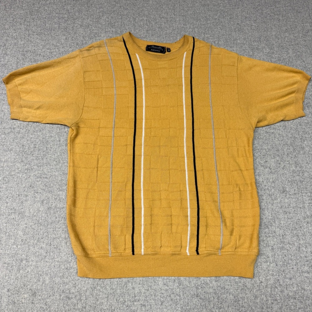 Marcello Short Sleeve Knit Sweater Size Medium Yellow Italy Striped Textured Ret